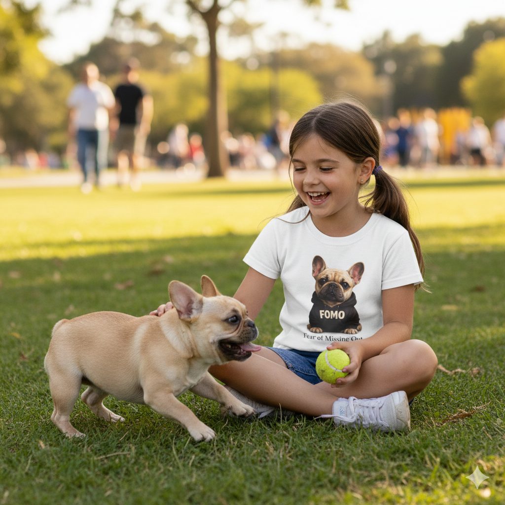 FOMO French Bulldog T‑Shirt — Cute Puppy 'Fear of Missing Out' Graphic Tee