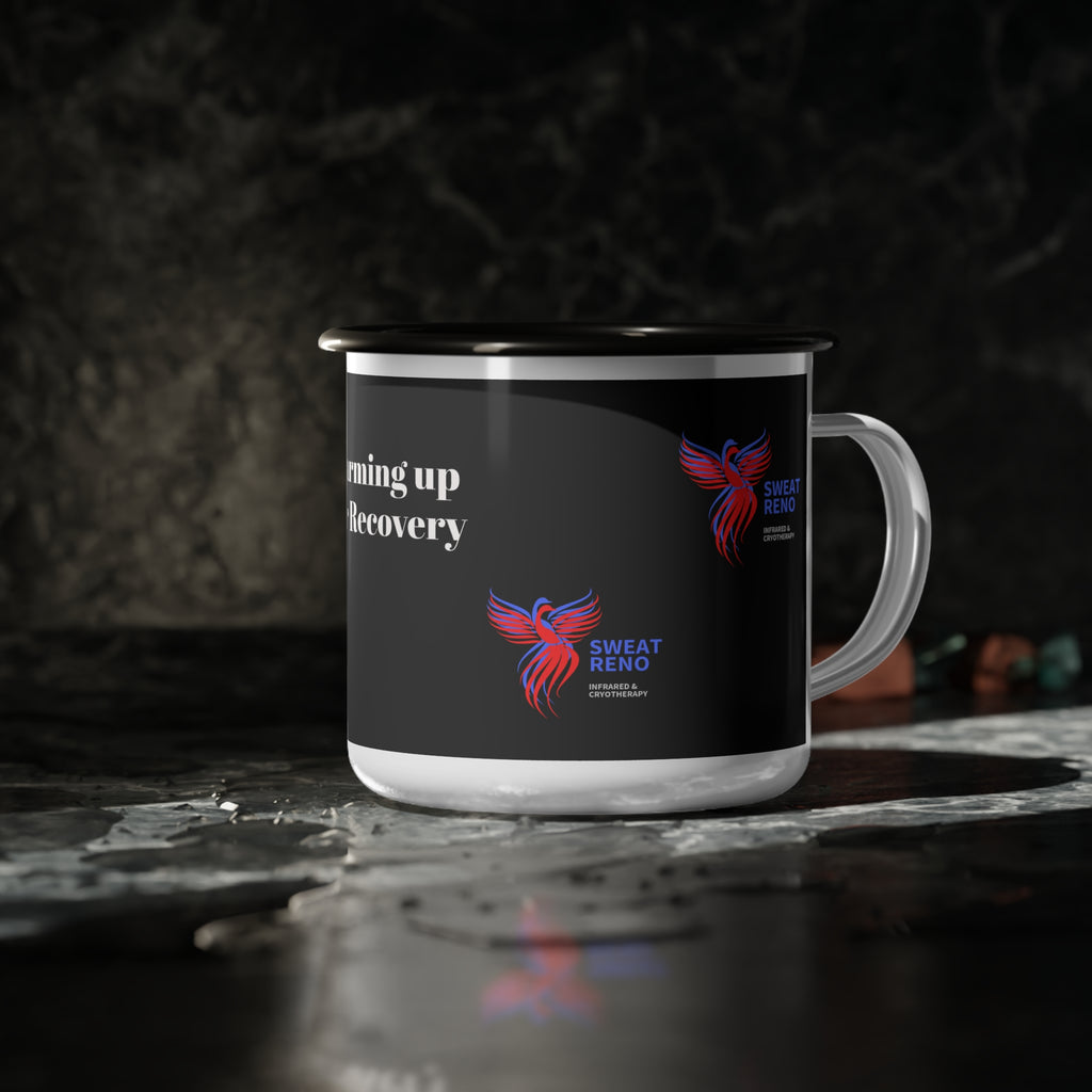 Enamel Camp Cup — "Warming Up For Recovery" Motivational Camping Mug (Sweat Reno Logo)